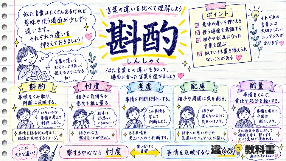 斟酌の意味と忖度・考慮・配慮・酌量の違い