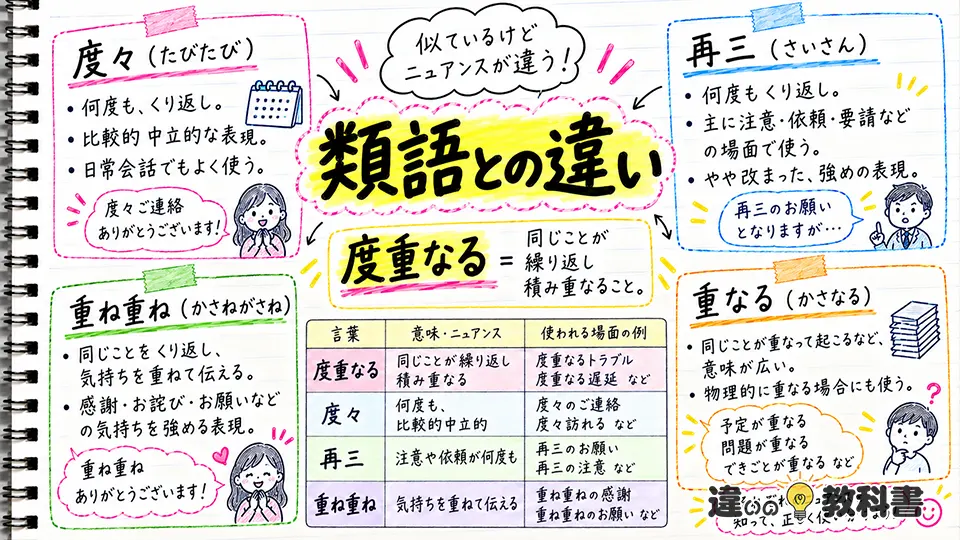 度重なるの意味と類語の違い｜度々・再三・重ね重ねとの使い分け