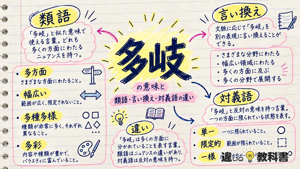多岐の意味と類語・言い換え・対義語の違い